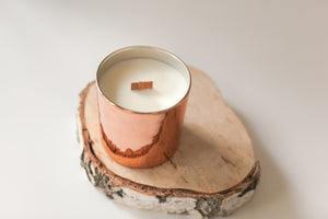 Overhead view of our hand-poured wooden wick candle made with pure essential oils.