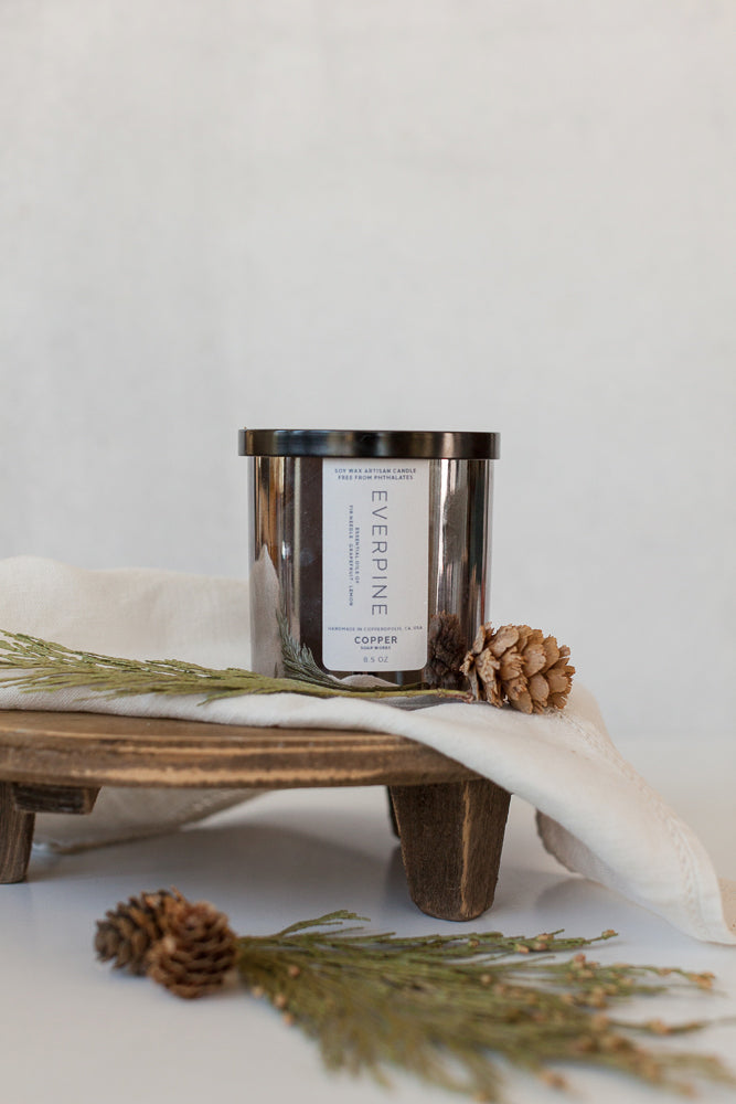 Everpine 100% soy wax & essential oil wooden wick candle in a silver glass tumbler.