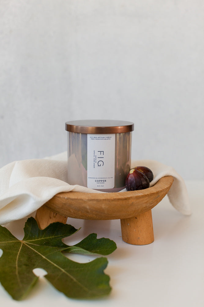 Fig scented 100% soy wax hand poured candle in a pearl iridescent glass tumbler.