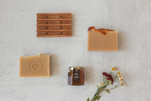 Gift Box with two handmade honey soap bars, jar of local honey and wood soap dish