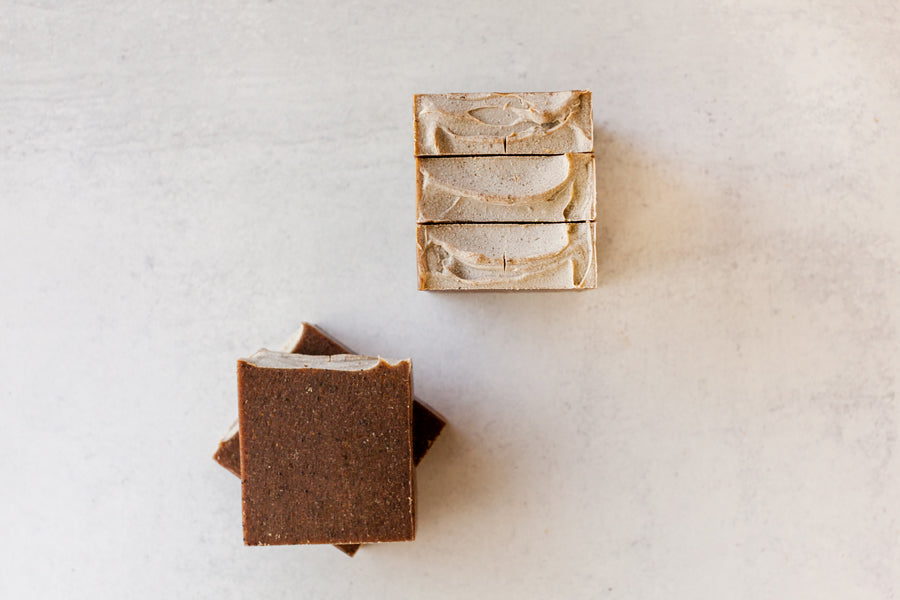 Sandalwood goatmilk scrubby soap with walnut powder & coffee grinds