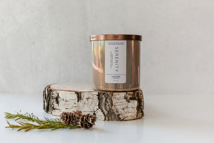 Essential oil, soy wax candle in a pearl iridescent glass tumbler. 