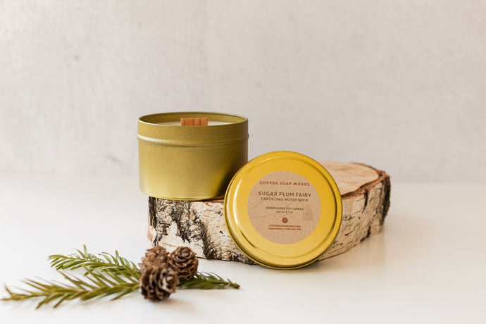 Sugar Plum Fairy holiday soy wax candle in a gold tin