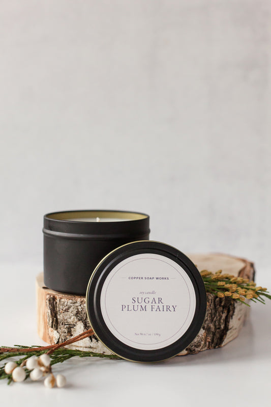 Sugar Plum Fairy holiday soy wax candle in a gold tin