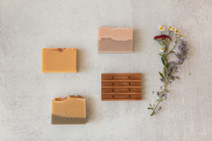 Gift Box with three handmade limited-edition Summer soaps and wood soap dish