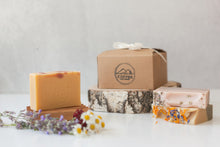 Load image into Gallery viewer, Gift Box with three handmade soap bars and wood soap dish