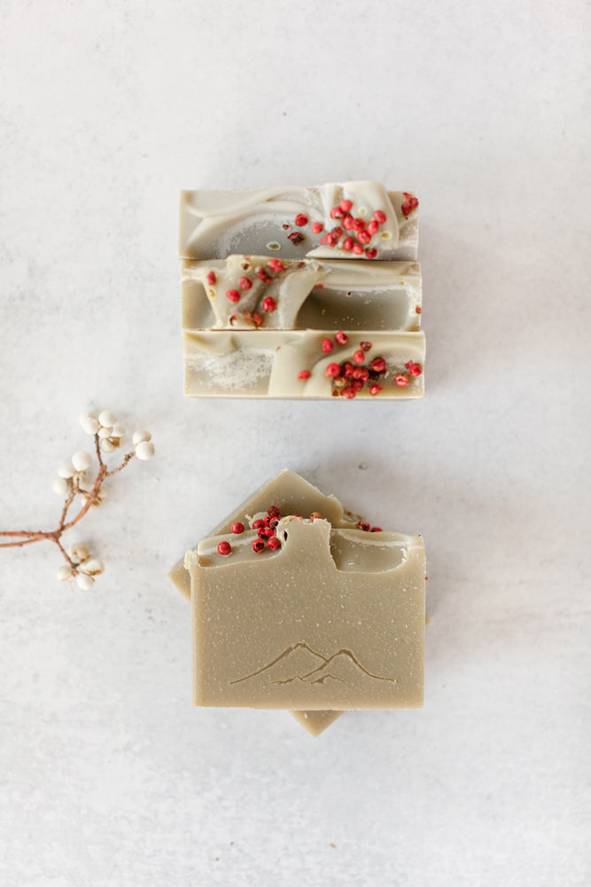 Yuletide Sage handmade goat milk soap festively decorated and made with essential oils of scotch pine and peppermint.