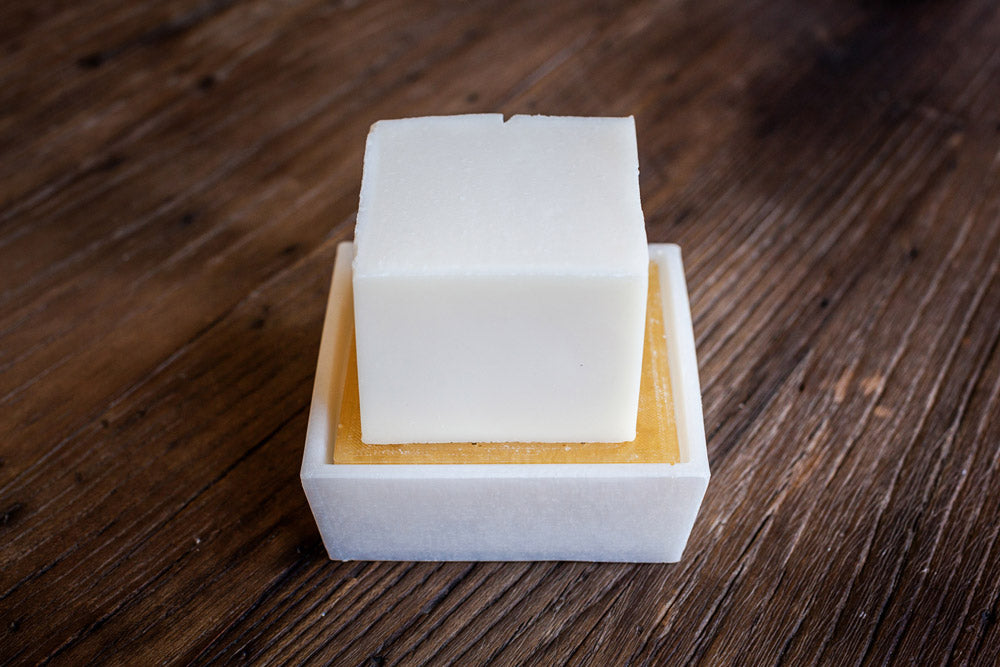 Handmade zero-waste solid dish washing soap with custom soap dish